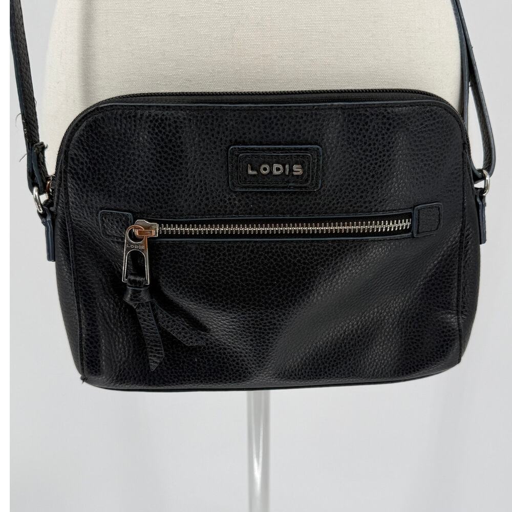 Lodis Dark Navy Leather Crossbody Bag Zip Top Organizer Purse Adjustable Strap